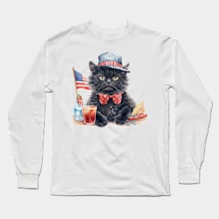 Patriotic Black Cat, 4th of July Design Long Sleeve T-Shirt